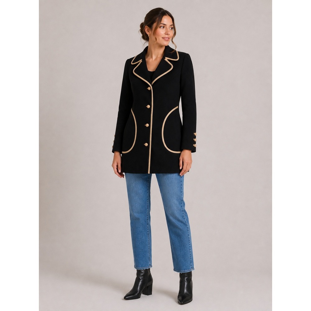 VTG 60s Zephyr Wool Knit Coat Size 14 Black Camel Piping Mod Jackie O Retro